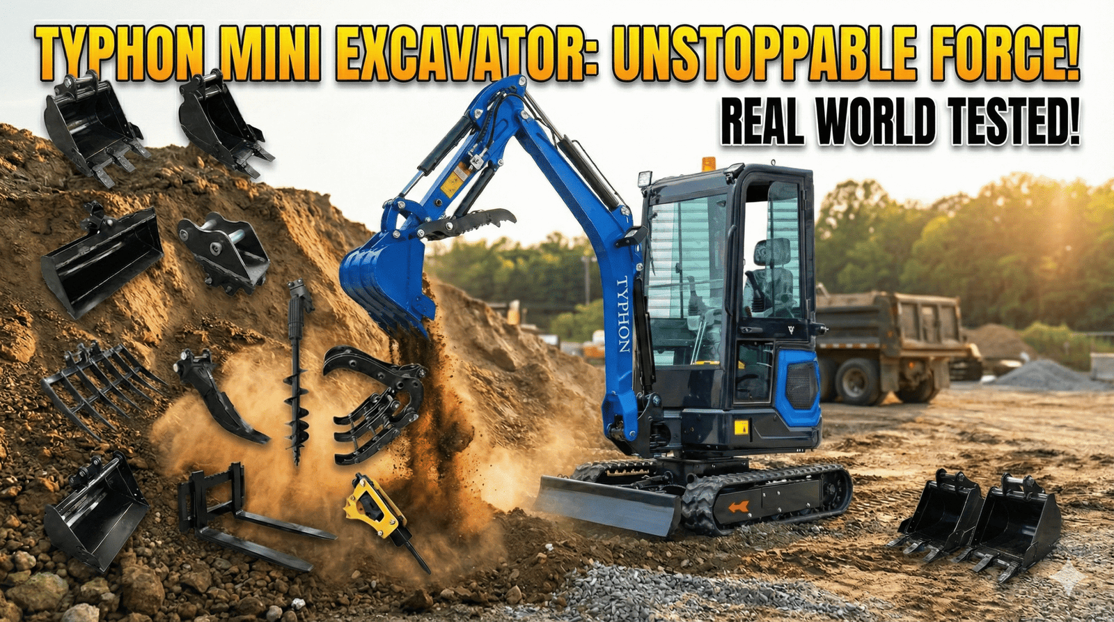 Mini excavator displayed with a full 12-in-1 attachments bundle including trenching buckets, auger, rake, and hydraulic hammer.