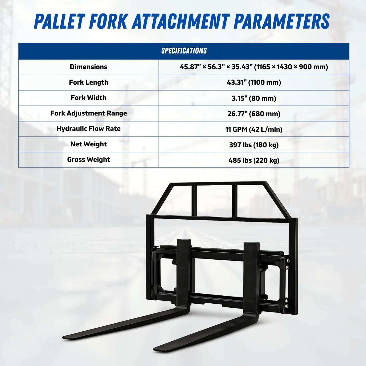 Skoop Hydraulic Pallet Fork Attachment for Wheel Loader 43 Inch 11.1 GPM 2 Skoop Hydraulic Pallet Fork Attachment for Wheel Loader 43 Inch 11.1 GPM - Image 2